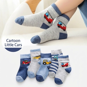 Kids Mid Tube Socks Polyester Breathable Cartoon Construction Vehicle Excavator Pattern Sweat Absorbent Toddler Boys Accessory