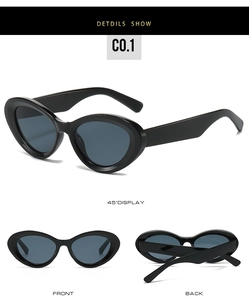 Three-angle display of black cat eye sunglasses showing front, back and 45-degree views