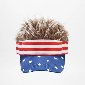 Creative visor hat featuring US flag design and attached brown synthetic spiky hair wig