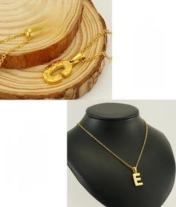 Detail of 18K gold plated stainless steel letter pendants with textured crystal surface