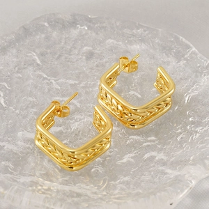 Ins style gold layered titanium steel square hoop earrings with textured weaving pattern