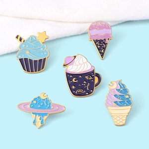 Set of 5 enamel space dessert pins featuring ice cream and cupcake on blue background