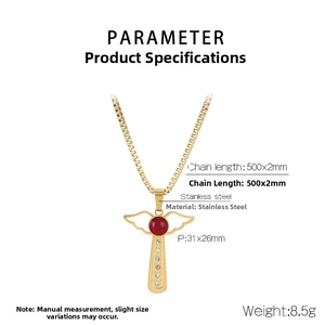 Detailed specs of stainless steel gold angel wing necklace with red gem and white stones