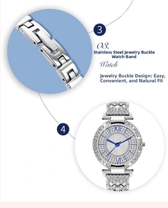 Detail view of silver stainless steel watch strap with jewelry clasp and diamond bezel
