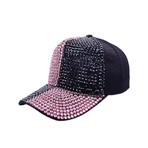 Fashion baseball cap featuring pink and black rhinestones with a curved brim design