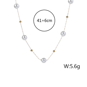 Lustrous pearl and gold bead necklace in stainless steel, length 41+6cm, weight 5.6g
