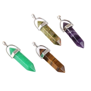 Set of four hexagonal natural crystal stone pendants in assorted colors with silver bails