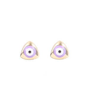 Macro detail of gold triangle stud earrings featuring a purple evil eye enamel design