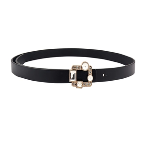 Vintage black PU leather belt for women with elegant gold-tone diamond rhinestone buckle