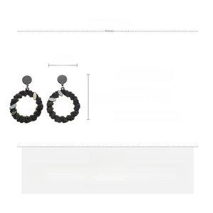 Detailed specs showing woven acrylic round earrings with 7.2cm length and 10.2g weight