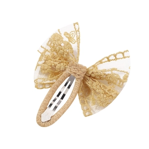 Barrette à cheveux avec nœud papillon en dentelle dorée et broderie pour filles