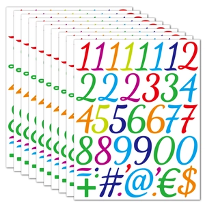 Close-up of 10 sheets colorful waterproof 2 inch vinyl number and symbol stickers set
