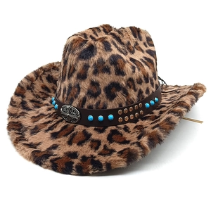 Cappello Da Cowboy In Pelliccia Sintetica Leopardata Stile Western Tesa Larga Con Fascia In Ecopelle E Fibbia A Croce