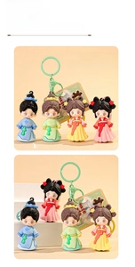 Detailset aus vier Cartoon-Schlüsselanhängern mit traditionellen Hanfu-Figuren aus China