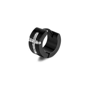 Polished black stainless steel huggie earrings with silver cross and inlaid crystals