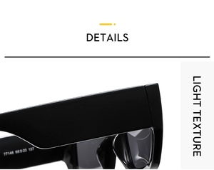 Detail view of wide temples and smooth glossy texture on these square fashion sunglasses
