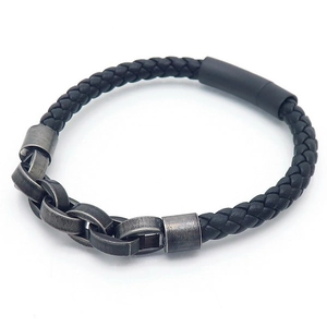 Men's vintage braided black leather bracelet with silver stainless steel chain links