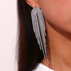 Detail view of long silver tassel earrings with sparkling crystals on a model