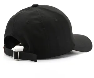 Rear view of black cotton baseball cap showing adjustable silver metal buckle detail