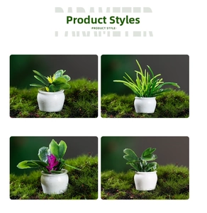 Detail view of four miniature dollhouse potted plants with realistic resin leaves and white pots