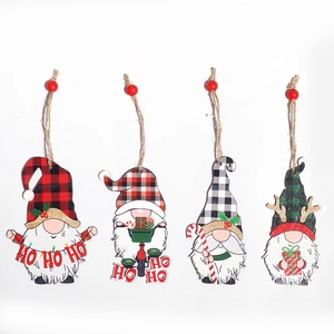Set of four wooden Christmas gnomes with plaid hats and festive HO HO HO hanging ornaments