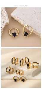 Detailed tile display of gold-plated geometric earrings with black stones on stones
