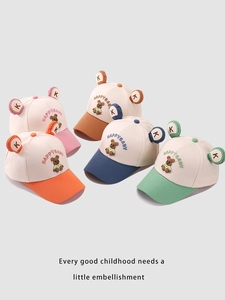 Detailed group view of colorful children baseball caps with happy bear embroidery
