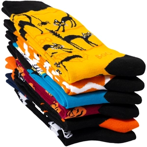Detail showing colorful Halloween socks with boo text, cat, pumpkin and ghost patterns