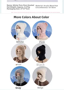 Detailed size and material guide for winter fleece pom-pom hood with ear flaps and mask