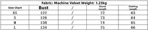 Size chart detail for biker shearling jacket showing chest and sleeve measurements