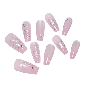 Pink cat eye press-on nails set with silver butterfly patterns and crystals, coffin shape