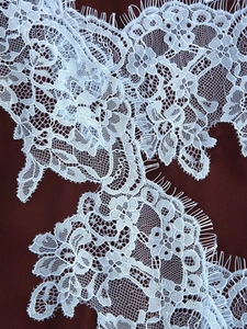 Détail macro de la dentelle florale blanche avec bords en cils et texture maille fine