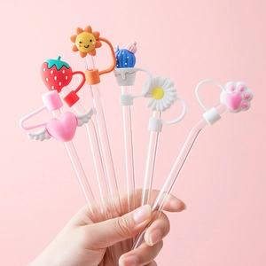 Silicone Straw Cover Cap Reusable Cartoon Dustproof Plug Drinking Straw Cute Toppers Home Kitchen Accessories
