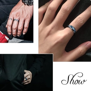 Detailed views of men's titanium steel rings featuring blue carbon fiber inlay textures