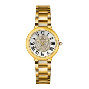 Gold luxury women watch with Roman numerals and diamond-encrusted starry dial on white background