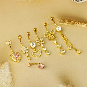 Set of 7 gold-plated belly rings with pink and clear zircon butterfly and heart designs