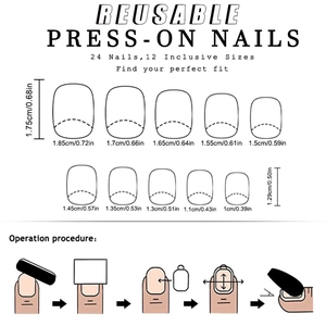 Detailed sizing chart for reusable press-on nails with 12 sizes and 5-step application guide