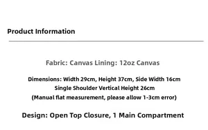Detailed dimension guide for striped canvas tote bag showing size 29x37x16cm and specs
