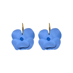 Minimalist matte light blue flower drop earrings with navy bead and gold hook