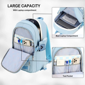 Detail view of large capacity blue backpack showing laptop compartment and pockets