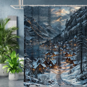 Détail du rideau de douche 3D avec paysage de village enneigé et anneaux métalliques