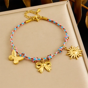 Bracelet En Acier Inoxydable Cordon Tressé Coloré Pour Femme Pendentifs Papillon Nœud Soleil Plaqué Or Style Bohème