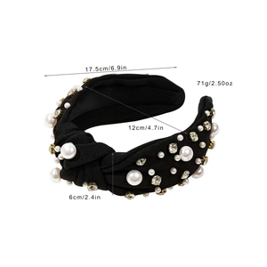 Black knotted headband with faux pearls and rhinestones shown with product dimensions