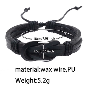 Detailed size specifications for woven leather bracelet showing 18cm length and 5.2g weight