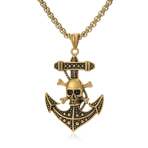 Vintage golden pirate anchor and skull pendant necklace in stainless steel with a sturdy chain