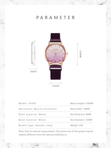 Detailed parameter specifications for ladies quartz watch with purple gradient floral dial
