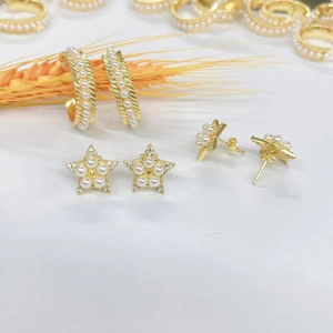Artificial Pearl Earrings Star Stud Earrings And C Shaped Hoops Copper 18K Gold Plated Rhinestone Zircon For Women