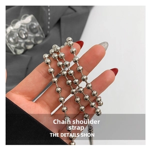 Close-up of a silver spherical metal chain strap featuring high-gloss polished beads