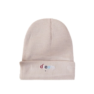 Minimalist beige ribbed knit beanie featuring dream embroidery and star details for winter