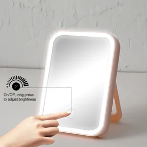 Portable pink square LED makeup mirror with touch sensor and adjustable folding stand